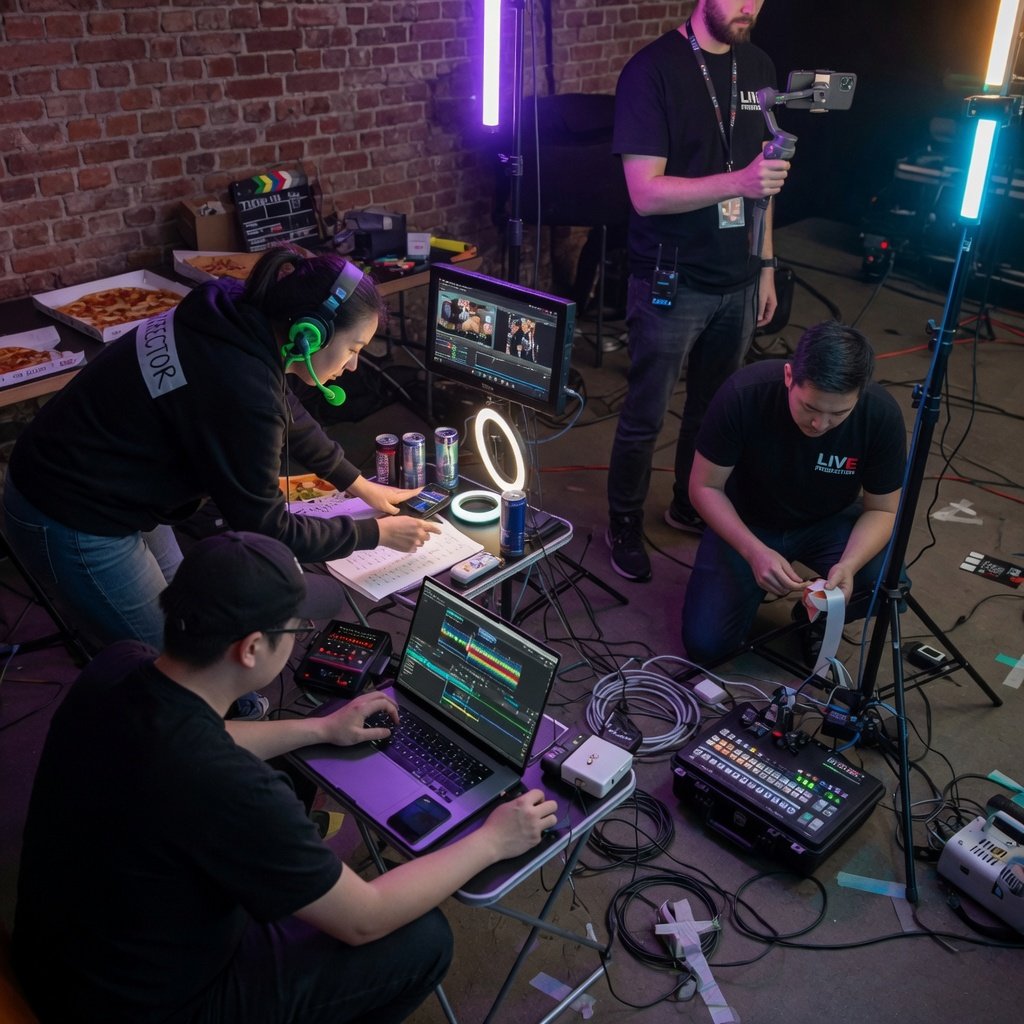 Limitless Studio production crew — director, editor, and technicians running a live broadcast on set