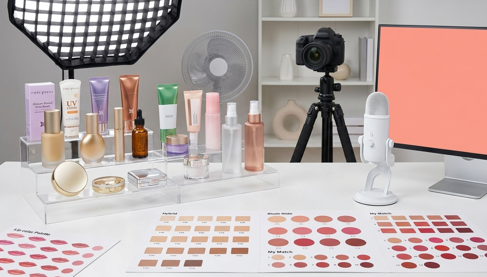 Limitless Studio showcase bay — beauty product display with softbox lighting, camera, microphone, and color palettes