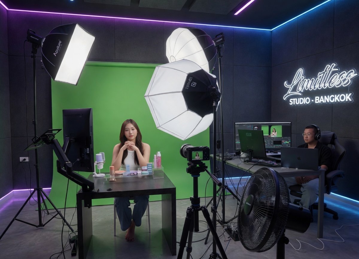 Limitless Studio Bangkok flagship live commerce set with neon sign, MC at product table, broadcast camera and editor station